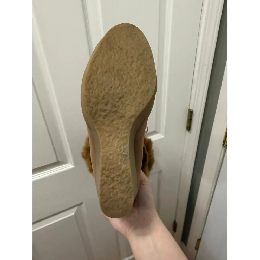 Arleen C Size‎ 8 Suede Sheepskin Rabbit Fur Ski Wedge Boots Tan Knee High Winter